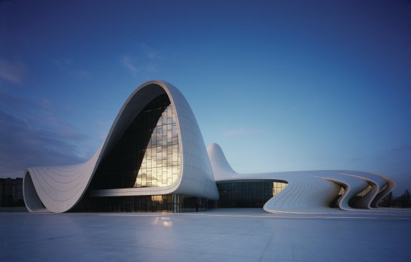 The+GFRP-clad+exterior+of+the+Heydar+Aliyev+Cultural+Center+hides+a+complex+space+frame+structure.+