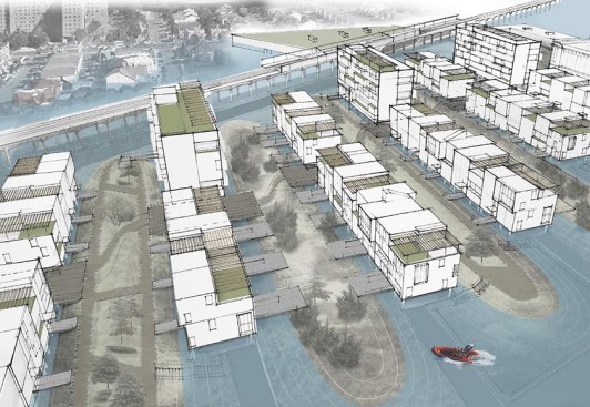 Aerial+view+of+housing+development+on+earth+berm+during+inundated+condition
