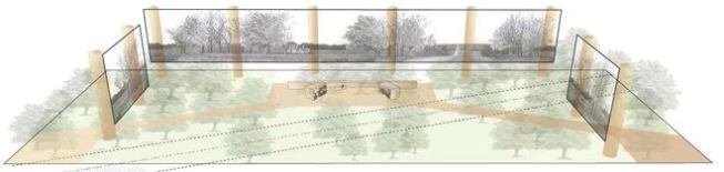 This overhead rendering shows the three woven metal tapestries that frame the sculptural elements of the memorial.