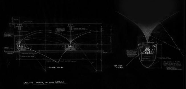SmithGroupJJR found Eliel Saarinen's original detail drawings for the coffered ceiling in the Cranbrook archive and used them as an underlay to figure out how to detail the new retrofitted linear white LED lighting system.