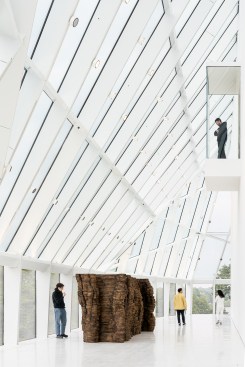 View of the second-floor Sculpture Terrace in the Gundlach Building with Ursula von Rydingsvard’s Blackened Word, 2008.