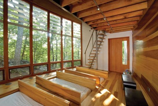 When the floor panels are open, the fiberglass support bands can be removed to serve as benches.