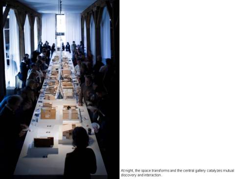 At night, the space transforms and the central gallery catalyzes mutual discovery and interaction.