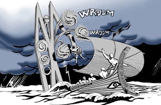 In this drawing, the bridge tower is depicted as a fantastic monster emerging from the sea, tormenting a crew of ancient sailors