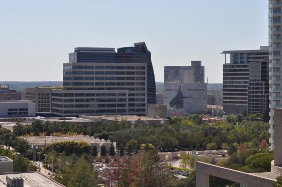 The Perot Museum (just right of center), with the Nasher Sculpture Museum in the foreground.