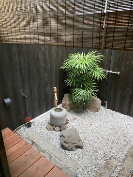 View of the tsuboniwa. The existing house's foundation stones were reused in the garden. The lady palm provides a focal point for the entire downstairs space. 