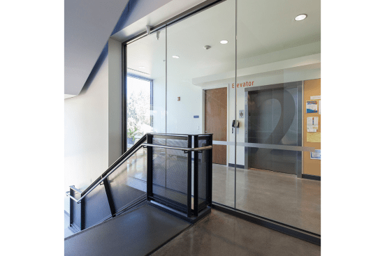 Stainless Steel Elevator Doors in Satin finish with custom Eco-Etch pattern at Clackamas Community College - Harmony Campus, Milwaukie, Oregon