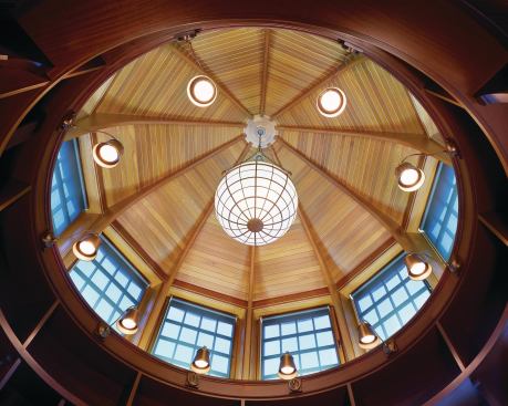 Custom Home  January-February 2011  Last Detail  Shope Reno Wharton, South Norwalk, Conn.   This round, sunlit library tower at one end of a Rhode Island house provides a restful sanctuary for reading, while also balancing out the building’s massing.