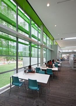 Study tables overlook the rain garden