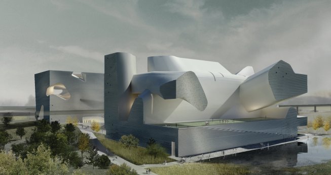 View from the northwest, showing the Ecology Museum in the foreground and the Planning Museum in the background.