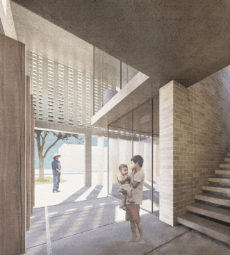 Respite center interior showing porosity of building skin