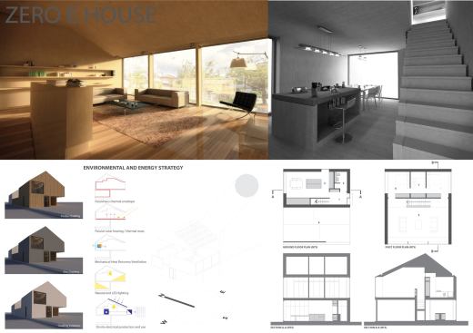 Second Place - Zero E House - renderings, plans, and sections