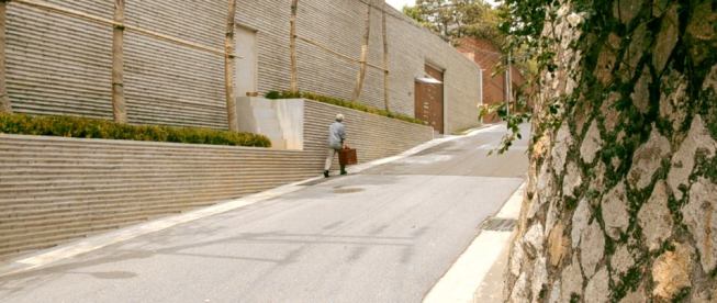 Video still: a man approaches the front entry to Daeyang Gallery and House.