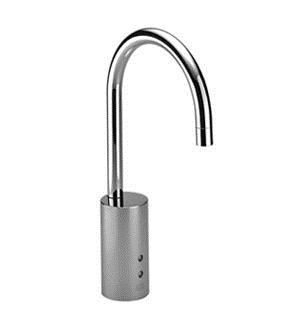 Emote from German brand Dornbracht uses an infrared sensor to automatically turn water on and off. Measuring 11 5/8 inches high, the unit has a 120-second safety shut-off and offers a flow rate of 1.32 gallons per minute. It uses a 6-volt lithium battery that’s installed under the sink. 
www.dornbracht.com.