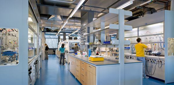 Direct lighting is aligned above each lab bench to  provide 60 footcandles where M/E/P services and 12-foot ceilings do not  facilitate indirect lighting. A busway mounting system allows for different  layouts and can function independent of the specific power feed locations.