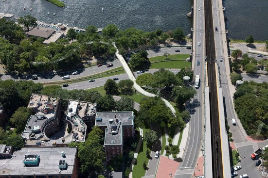 Aerial view of the Boston Esplanade Pedestrian Bridge