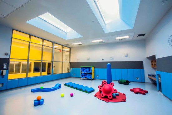 Exercise and play area with skylights bring in daylight, Q381 Pre-K Center, Queens, NY