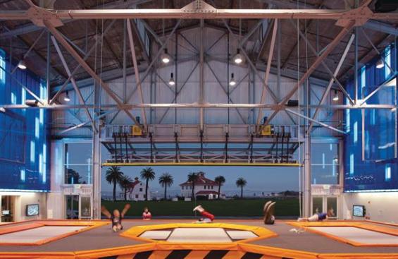 View out over the high-performance trampoline and through the bifold door.