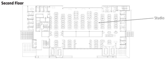 OPEN STUDIOS 
The studio spaces are not only open to each other, but also to the first-floor critique bridge, a space with rotating pinup boards and room for classes to gather. "Anything can happen in this space," says Predock. "It is the pulse of an architecture school. Here it's not locked away, it's at the crossroads." The open studios themselves were a conscious change from what the school had before, and a positive one, says Schluntz: "You just sense the intensity. Because of the openness, there is a lot of wonderful engagement that we didn't have previously."