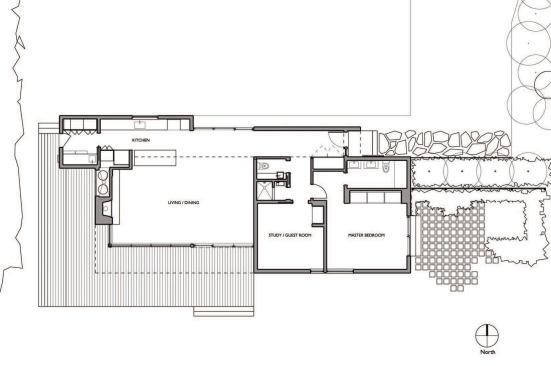 Floor plan. The program was reduced to the bare essentials: a bedroom suite, a study that doubles as a guest room, and living space that can accommodate large gatherings.