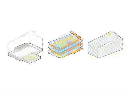 This massing diagram shows a double helix of ramps that winds around the central stacks, choreographing the visitor experience and progression through the library.