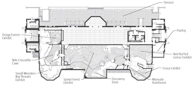 FIRST FLOOR PLAN An additional 6,000 square feet was excavated from the cellar level to accommodate life support systems, animal holding, storage, and pantry and mechanical space (left).