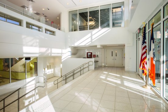 Lobby entrance with view of cafeteria.