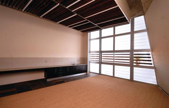 Views out through the trellis are modulated by frosted and clear glass.