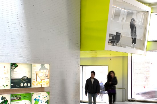 Cantilevered Meeting Pod overlooking the Campus Quad. Pod is located in a former housekeeping closet space.