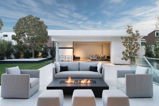 Georgina Avenue Santa Monica modern home outdoor terrace with fire feature