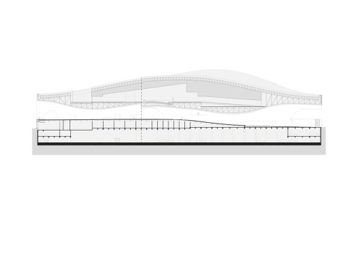 The floor plan shows the structure of the building: an open public space arranged around six 'bubbles' and an open air amphitheatre. The four performance halls are accompanied by foyers, entrances and services access points.