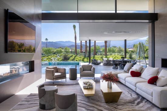 Serenity Indian Wells luxury resort style desert home modern glass wall living room