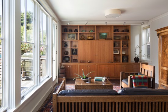 The cherry casework is used throughout as a unifying design element.