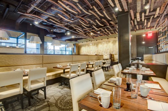 Dining floor with wine staves above