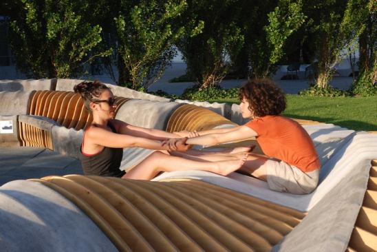 Trained in yogic therapy, the architects designed the bench specifically to support yoga poses and promoted different movement therapies. The museum is hosting yoga classes throughout the summer.