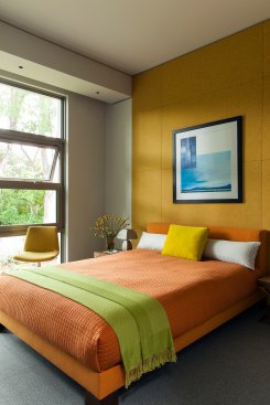 Bright, colorful bedroom design at modern Beverly Hills home.