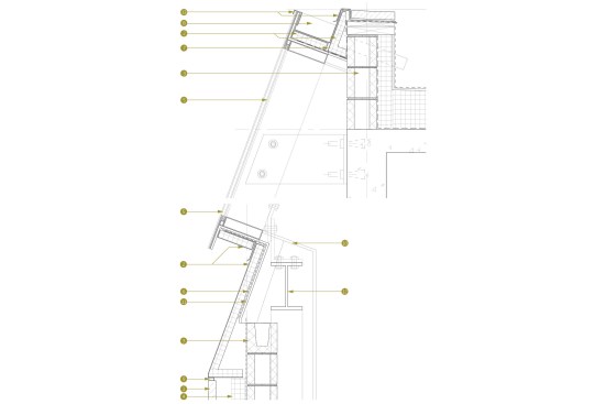 Skylight detail: 1. Stone rainscreen 2. Insulated metal panel 3. Concrete masonry units 4. Rigid insulation 5. Structural glazed butt-joint curtainwall 6. Water and vapor barrier 7. Vapor barrier 8. Metal gutter 9. Metal channel reveal 10. Interior gypsum board wall 11. Exterior sheathing/protection board 12. Structural support 13. Metal flashing