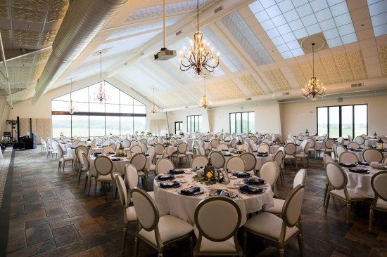 A system of color-changing LEDs above the ceiling throws a color wash onto the translucent Ceilume ceiling panels. The luminous ceiling can match the blue sky, the sunset, or the bridesmaids’ gowns. 