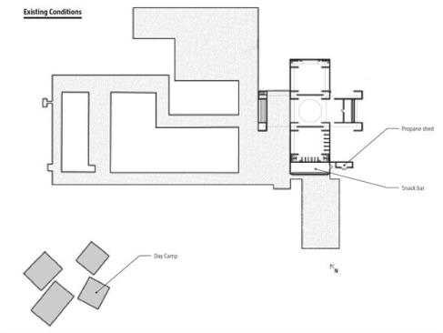 When FMG studied the existing campus, it learned about many changes that had occurred over time: Two day camp pavilions were nearing collapse, and a snack bar and propane shack had been tacked onto the side of the western bath house pavilion.