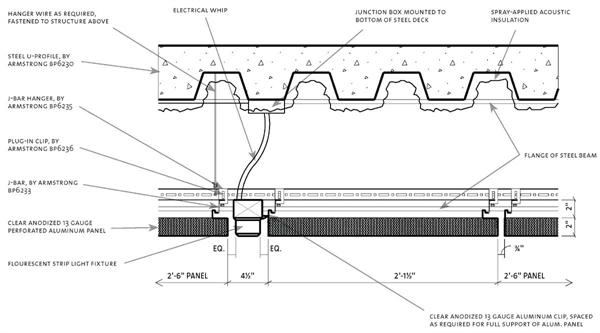 Metal ceiling panels thematically relate to the building envelope and contrast with warm wood floors and walls in key locations.