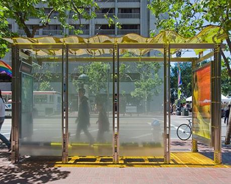 A San Francisco bus shelter with filtered glass that deters bird collisions.