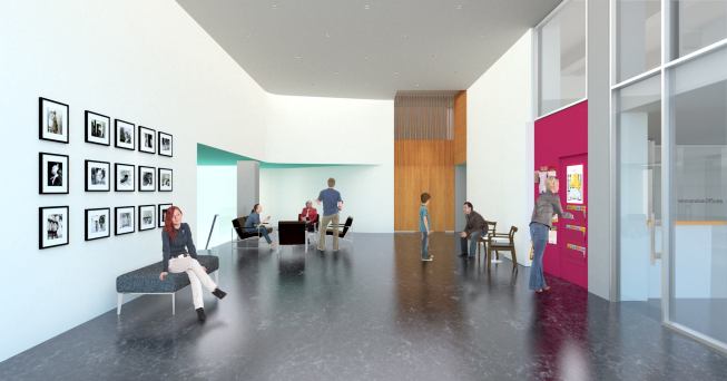 Behind the historic facade is a lobby with 16-foot-high ceilings that leads to the main sanctuary and classrooms.