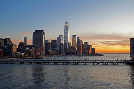 Rendering showing 1 World Trade Center and lower Manhattan from Pier 40.
