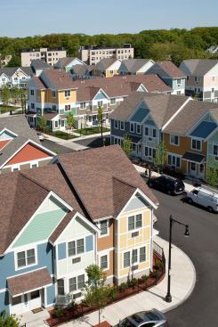 This site used to contain an abandoned; dilapidated housing project; but a new street grid was created to reconnect the project with the rest of the city; complete with inviting community space. 
Project: Franklin Hill; Dorchester; Mass.; 
Architect: DHK Architects; Boston; 
Builder: CWC Builders; Newton; Mass.