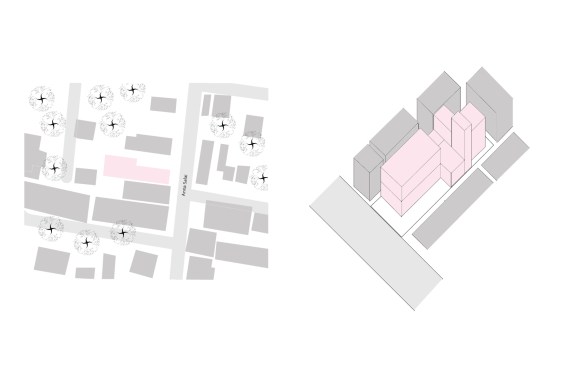 Diagram shows the urban context, site proportion and program distribution