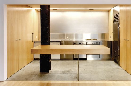 Custom Home, May-June 2004  K+B Studio  Custom Kitchen, New York  Belmont Freeman Architects, New York   At this 12-foot-by-8 foot kitchen in a Manhattan apartment, Belmont Freeman Architects placed storage drawers inside the island’s countertop, which floats atop a thin but strong steel support.