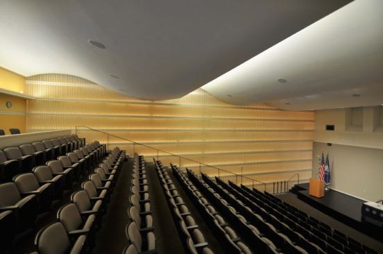 The auditorium features a xenon backlit  wood-slatted wall and a tiered ceiling of undulating forms. T5HOs provide  general lighting and recessed PAR38 HIR adjustable accent downlights wash the  stage.