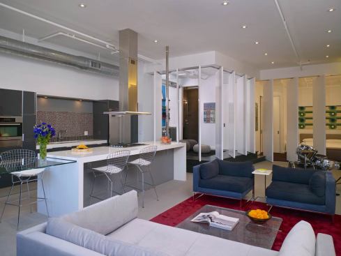 Main living spaces with partitions partially open.