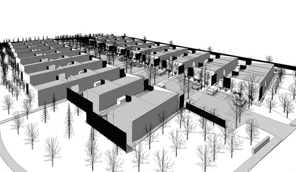 Inspired in part by a nearby mobile home community, the project includes private outdoor space and fosters contact with neighbors.