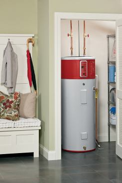 GeoSpring Hybrid Electric Water Heater from GE The 50-gallon GeoSpring has an energy factor of 2.35 in hybrid mode, and has a first-hour rating of 63 gallons. It offers four operating modes, ranging from all electric-resistance (using two 4,500-watt elements) to all heat-pump operation. Among stand-alone heat-pump water heaters, the GeoSpring is the quietest, at just 55dB; the product also carries a limited 10-year warranty. 
geappliances.com.